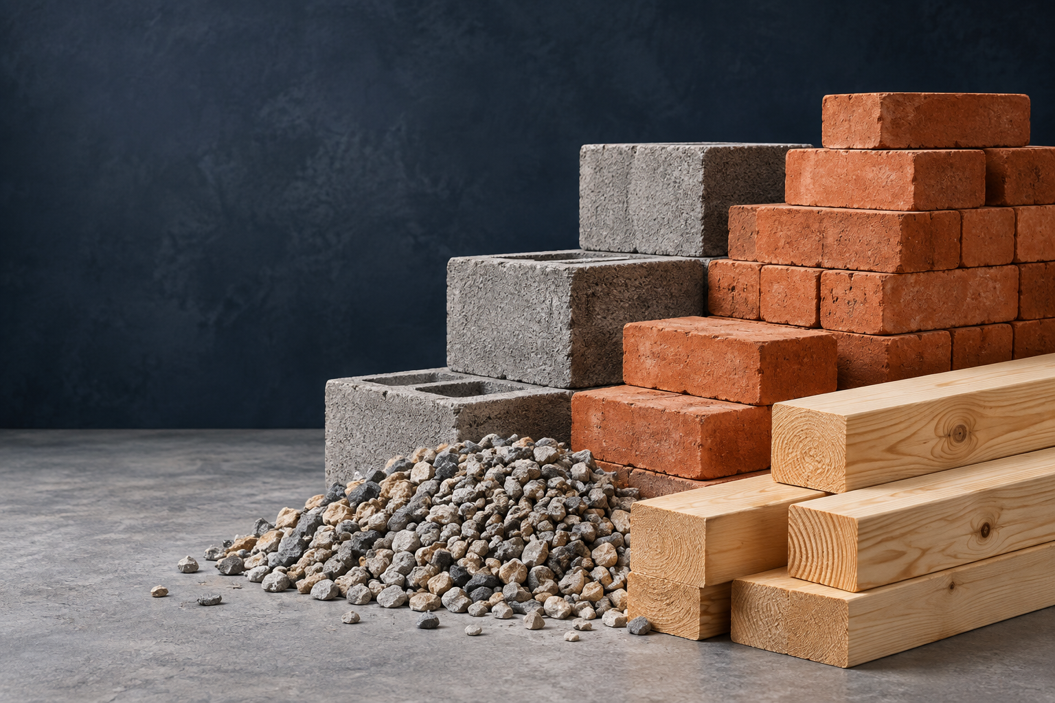 An illustrative arrangement of timber, bricks and building materials